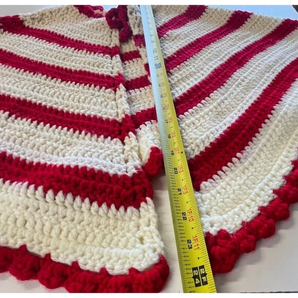 Vintage Hand Crafted Grandma Knitted Crochet Poncho Striped Red Cream White SM - Picture 3 of 6